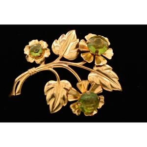 Vintage Floral Pin Brooch Large Chunky Green Lucite Crystal Gold Tone Big BinAL